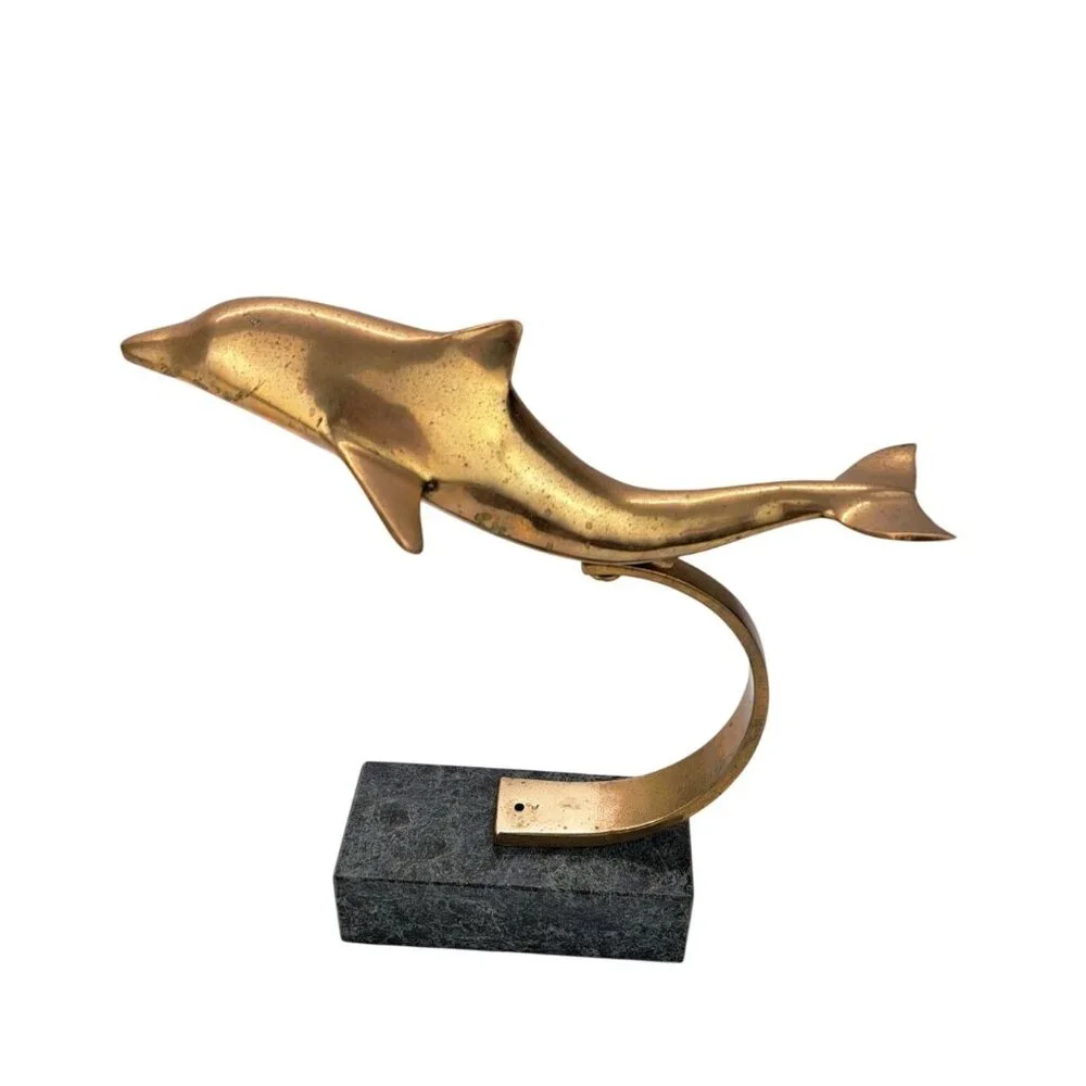 Vintage Dolphin Figurine Brass Sculpture Green Marble Base Penco Figure Marine